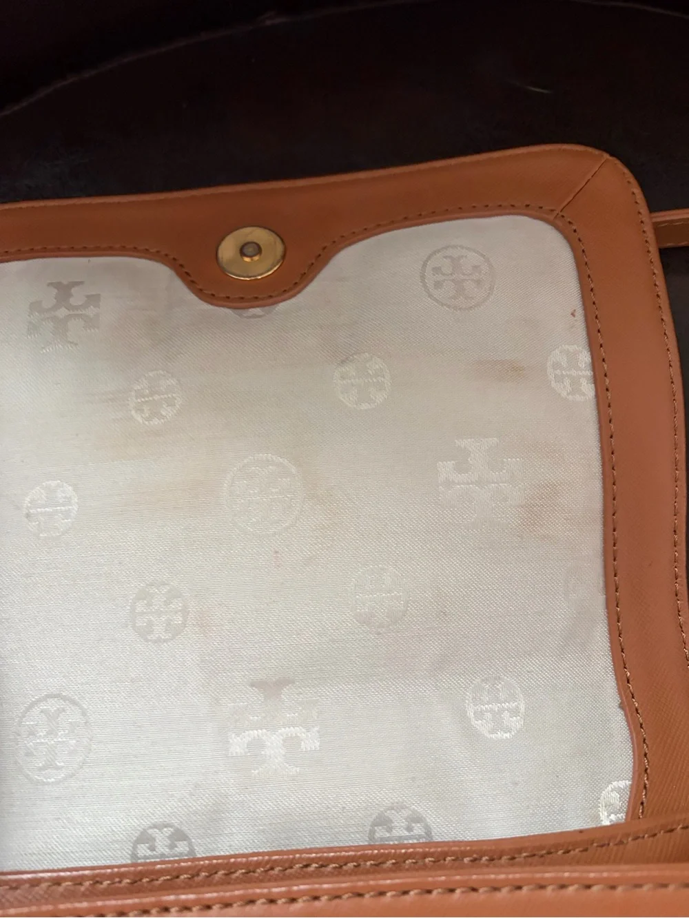 Tory Burch Brown Leather Shoulder Bag purse Gold Logo & chain Robinson crossbody